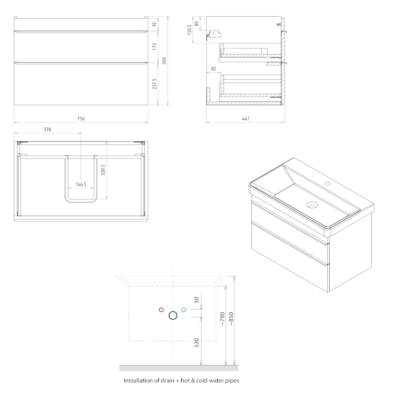 SITIA umyvadlová skříňka 75,6x50x44,2cm, 2xzásuvka, bílá mat SI080-3131